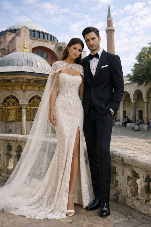 Pelerinli Korseli Balık Gelinlik  Balık Kesim Straplez Vintage Gelinlik 2