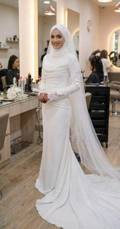Drapeli Sade Tesettür Gelinlik Balık Kesim Tesettür Hakim Yaka Gelinlik 2