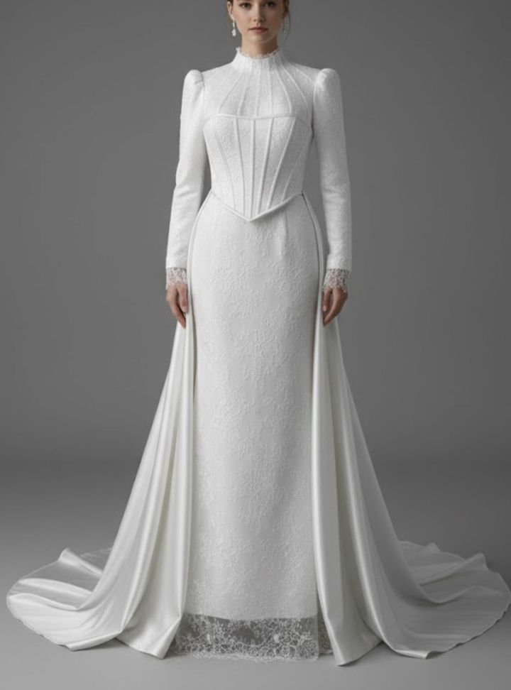 LMBSK-100-26 Balık Kesim İki Parça Hakim Yaka Gelinlik