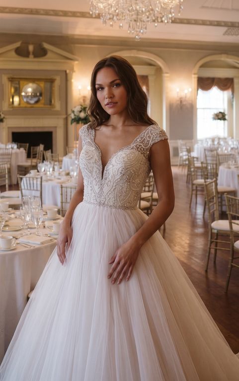 SB-101-25 Prenses Kesim V Yaka Göğüs Dekolteli Gelinlik 3