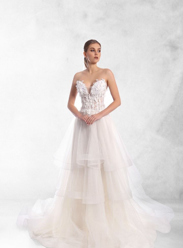 Transparan Beden  A Kesim Straplez Romantik Gelinlik