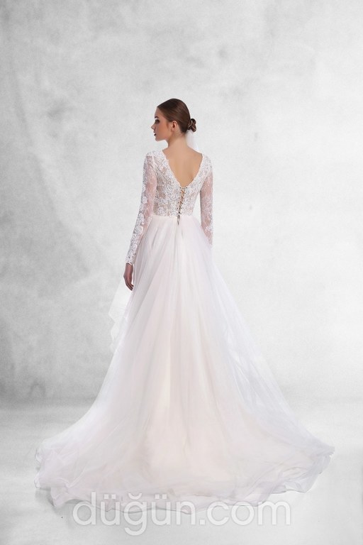 Dantelli Uzun Kollu   A Kesim V Yaka Romantik Gelinlik 1