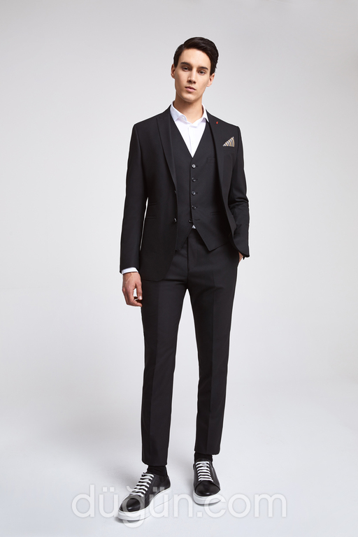 Twn Slim Fit Siyah Düz Yelekli Takım Elbise Slim Fit Siyah Model 2