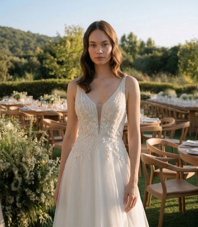 MA-8-25 A Kesim V Yaka Göğüs Dekolteli Gelinlik 3