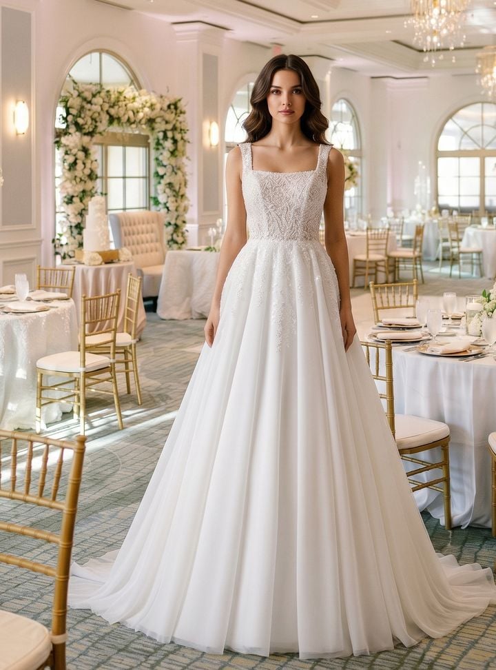 MCHC-124-25 A Kesim Kare Yaka Sade Gelinlik