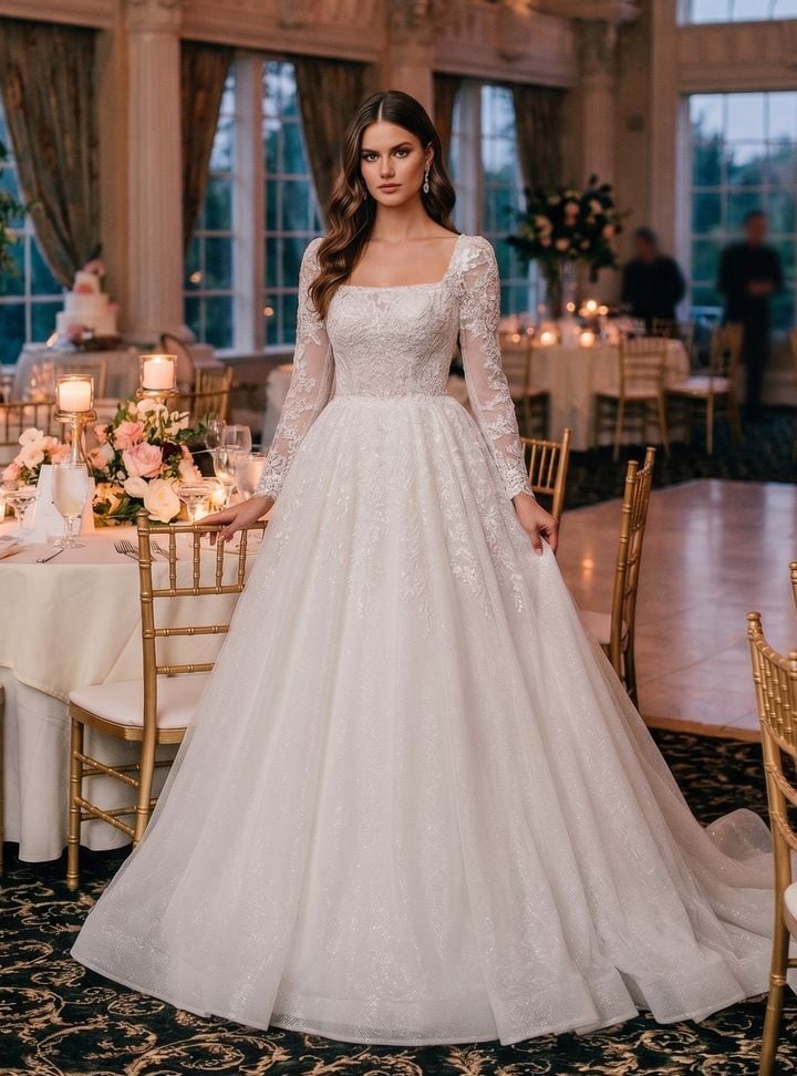 MCHC-126-25 Prenses Kesim Kare Yaka Sırt Dekolteli Gelinlik