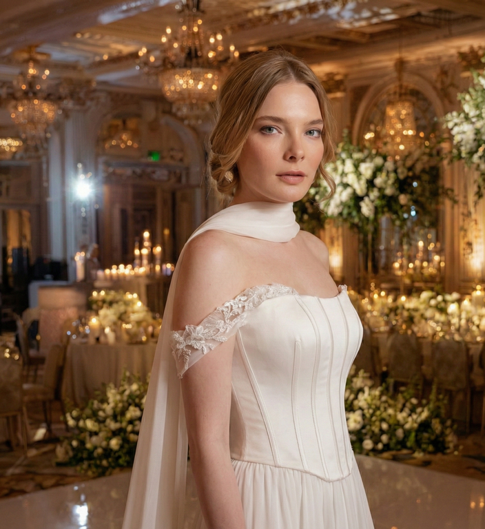 DNCW-090-25 A Kesim Düşük Omuz Dekoltesiz Gelinlik 4