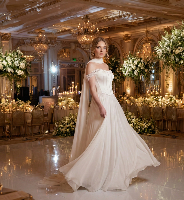 DNCW-090-25 A Kesim Düşük Omuz Dekoltesiz Gelinlik 3