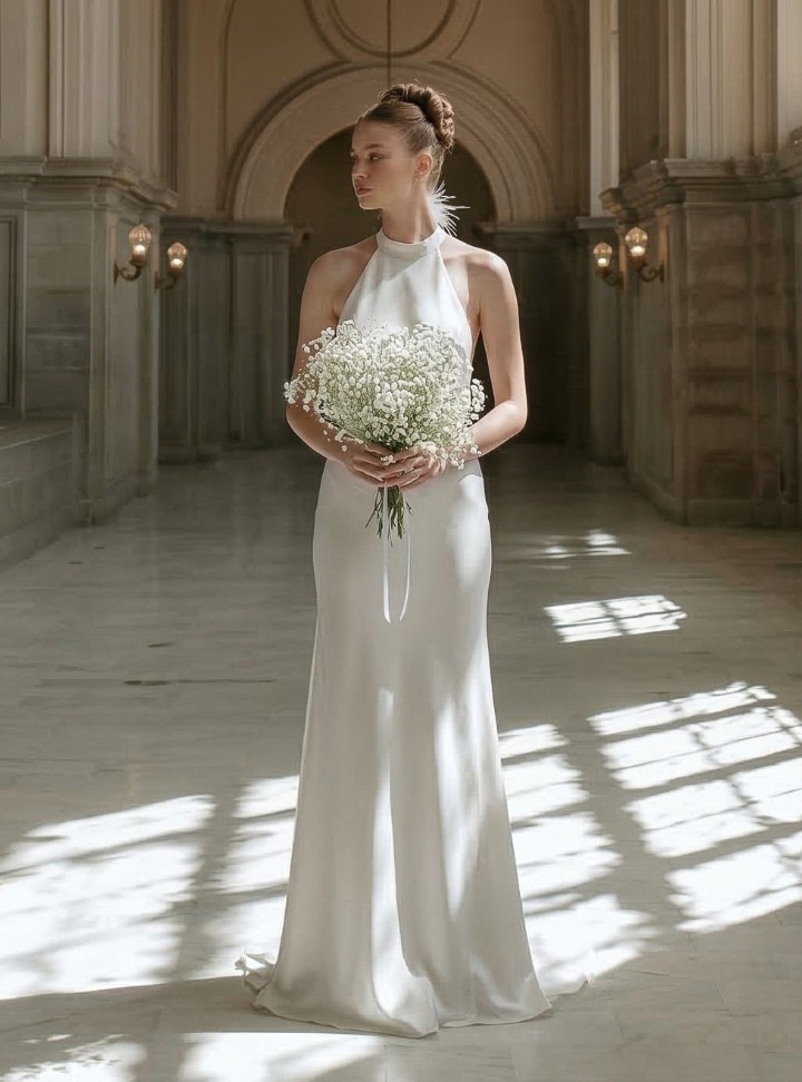 BW-338-25 Tarlatansız Sırt Dekolteli Halter Yaka Gelinlik