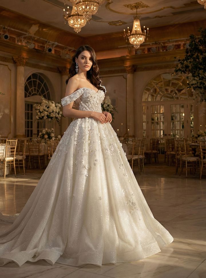 AC-34-25 A Kesim Sırt Dekolteli Düşük Omuz Gelinlik