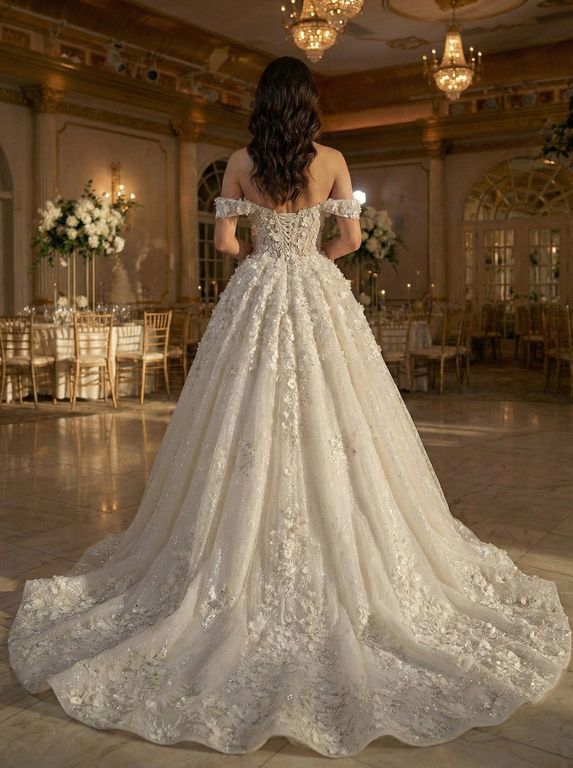 AC-34-25 A Kesim Sırt Dekolteli Düşük Omuz Gelinlik 4