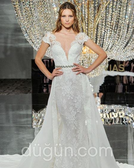 Derin V Yaka Kısa Kollu Gelinlik Modeli