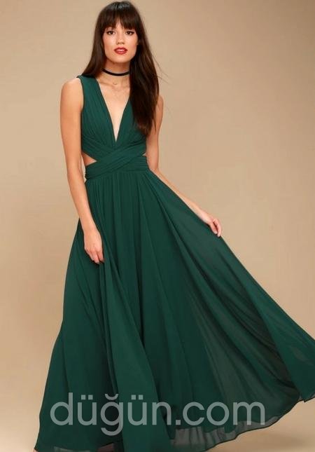 Bel Dekolteli Yeşil Nedime Elbisesi