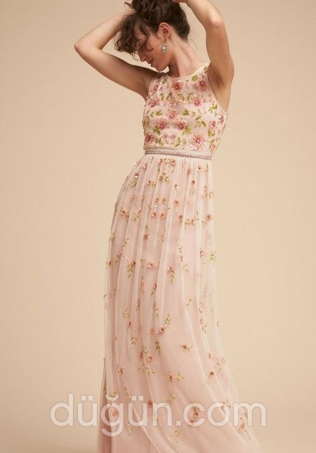 Düz Kesim Çiçek İşlemeli Nedime Elbisesi
