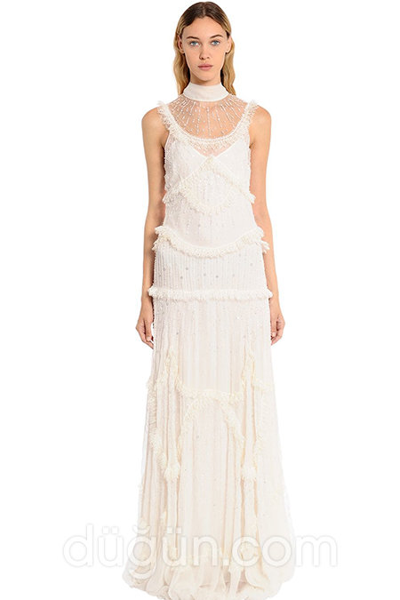 Dantelli Beyaz Uzun Şifon Elbise