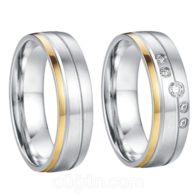 İki Renkli Taşlı Bombeli Alyans