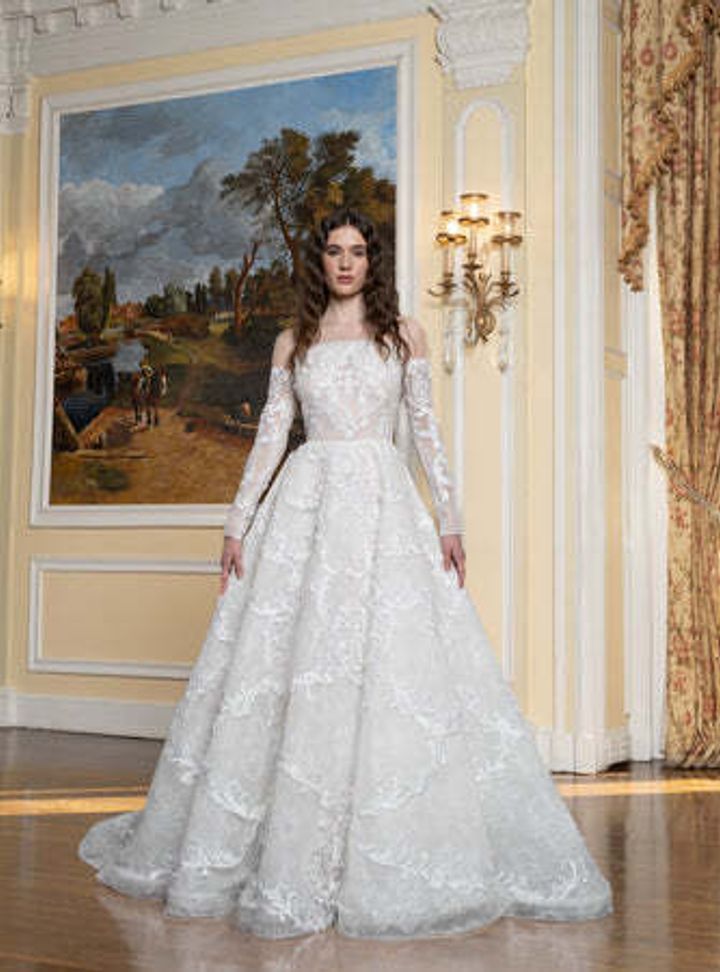 2025 Reem Acra Kol Detaylı Staplez Yaka A kesim Gelinlik