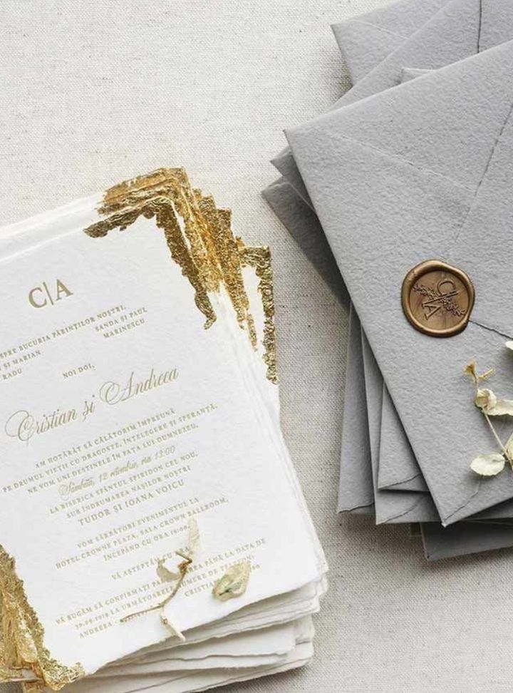 Gold Baskılı Sade Gri Davetiye Altın Varaklı Düğün Davetiye