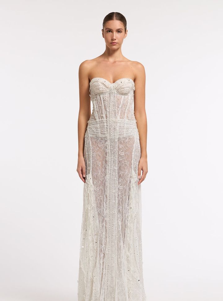 2026 Costarellos-19-26 Straplez Düz Kesim Göğüs Dekolteli Gelinlik