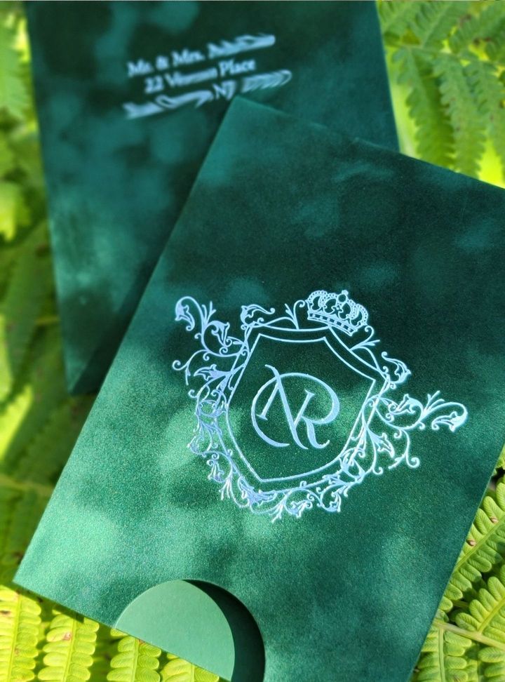 Baskılı Yeşil Kadife Davetiye  Kadife Düğün Davetiye