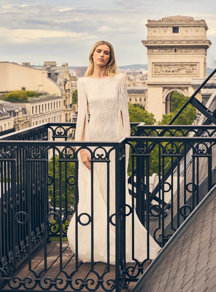 2025 Jenny Packham Uzun Kollu Kayık Yaka Gelinlik
