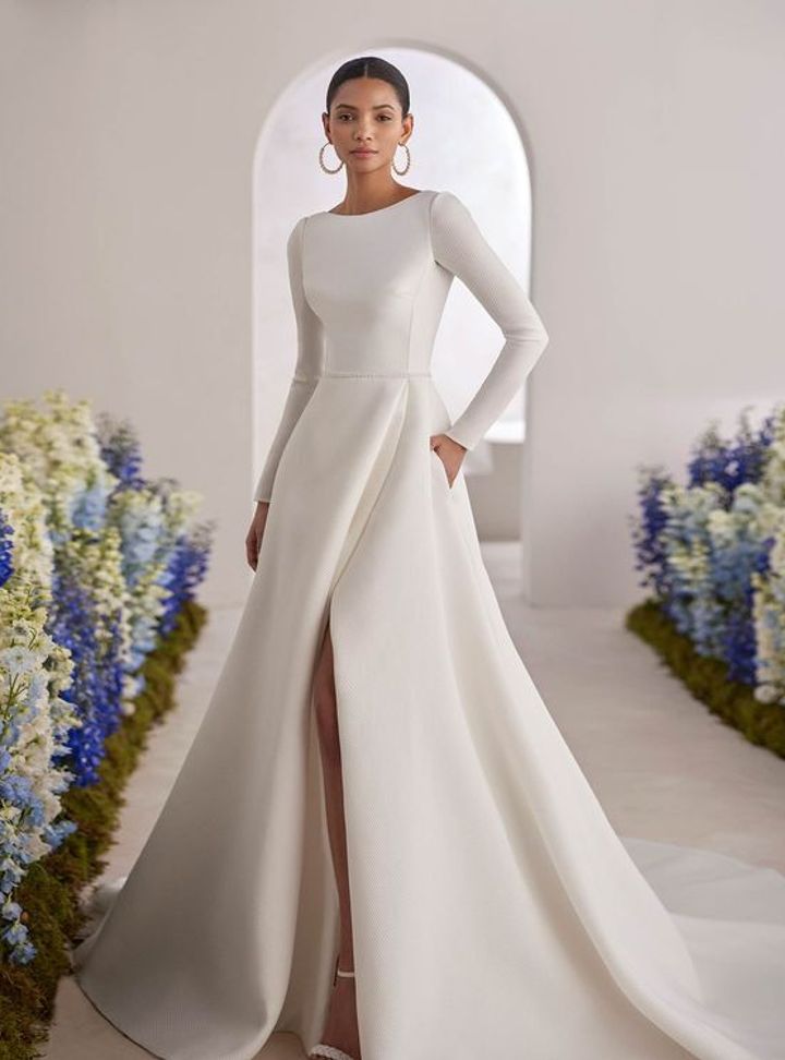 2025 Rosa Clara Bisiklet Yaka Yırtmaçlı Gelinlik