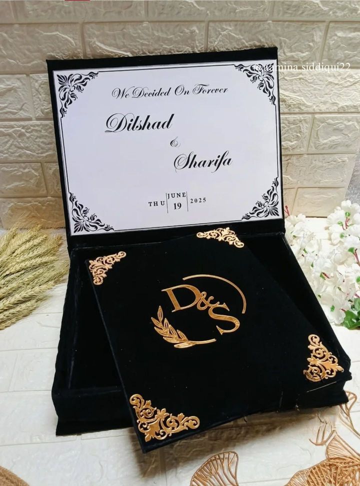 Gold Baskılı Siyah Kadife Davetiye Kadife Düğün Davetiye