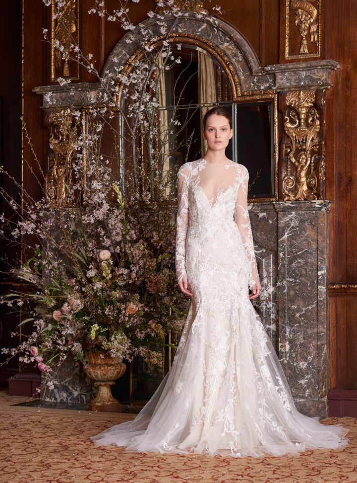 Monique Lhuillier İllüzyon Yaka Balık Gelinlik 