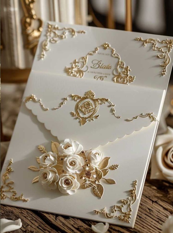 Gold Detaylı Üç Boyutlu Davetiye Altın Varaklı Düğün Davetiye