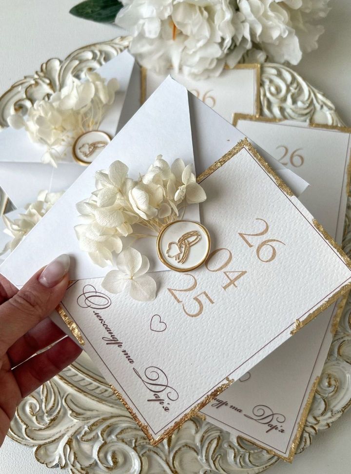 Beyaz Çiçek Detaylı Davetiye Altın Varaklı Düğün Davetiye
