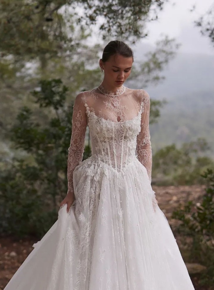 2026 Eva Lendel-15-26 Prenses Kesim Vintage Göğüs Dekolteli Gelinlik