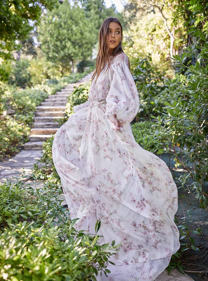 Monique Lhuillier Çiçek Desenli Gelinlik A Kesim Düşük Omuz Modern Gelinlik