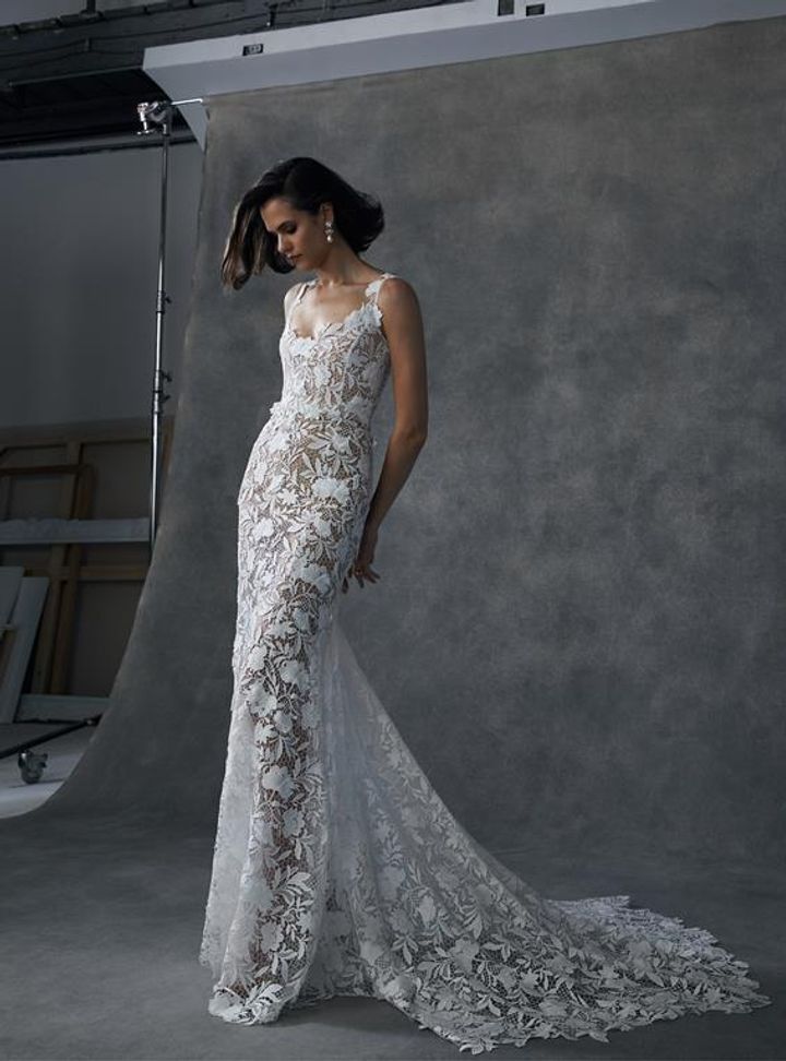 Oscar de la Renta Transparan Gelinlik Balık Kesim U Yaka Gelinlik