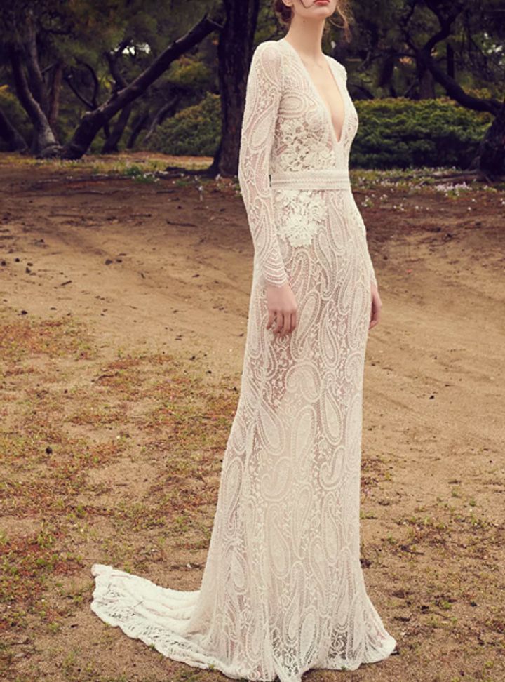 Costarellos Derin V Yaka Transparan Gelinlik