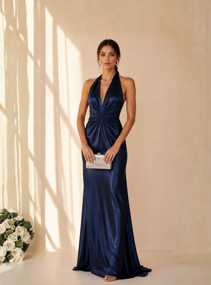 Lacivert Saten Halter Abiye