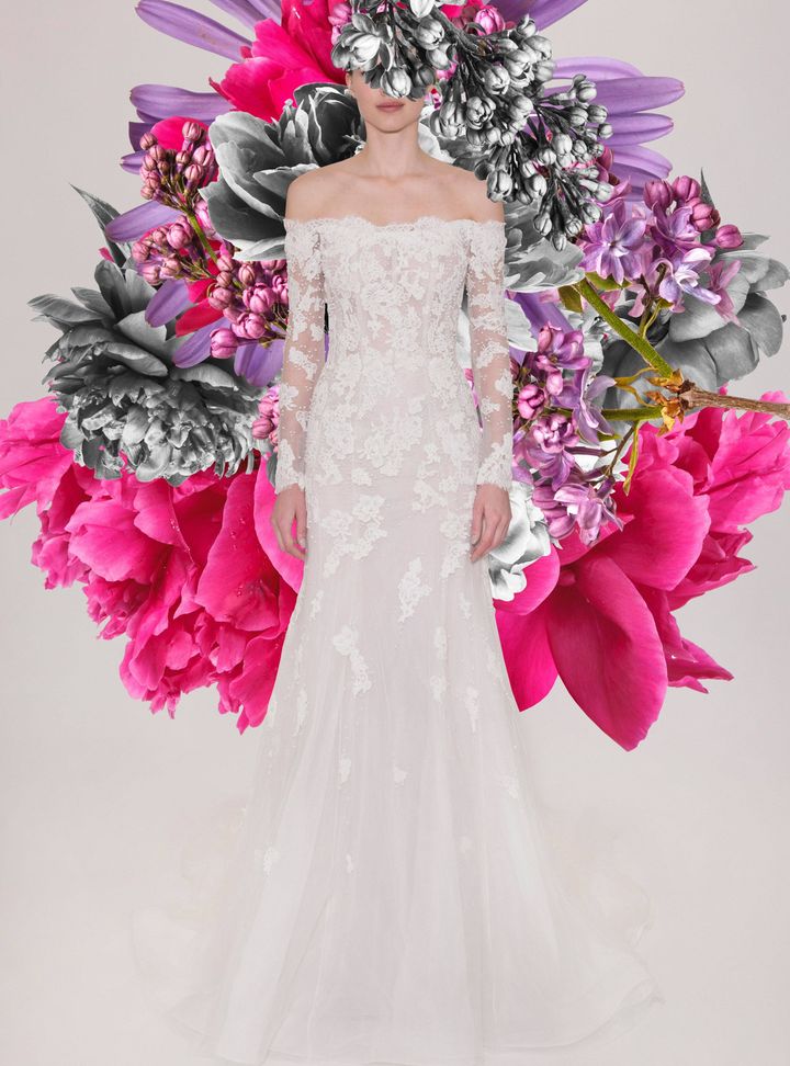 Reem Acra Düşük Omuzlu Gelinlik