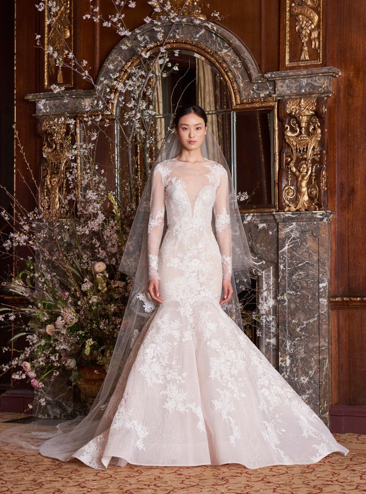 Monique Lhuillier Balık Kesim Uzun Kollu Gelinlik