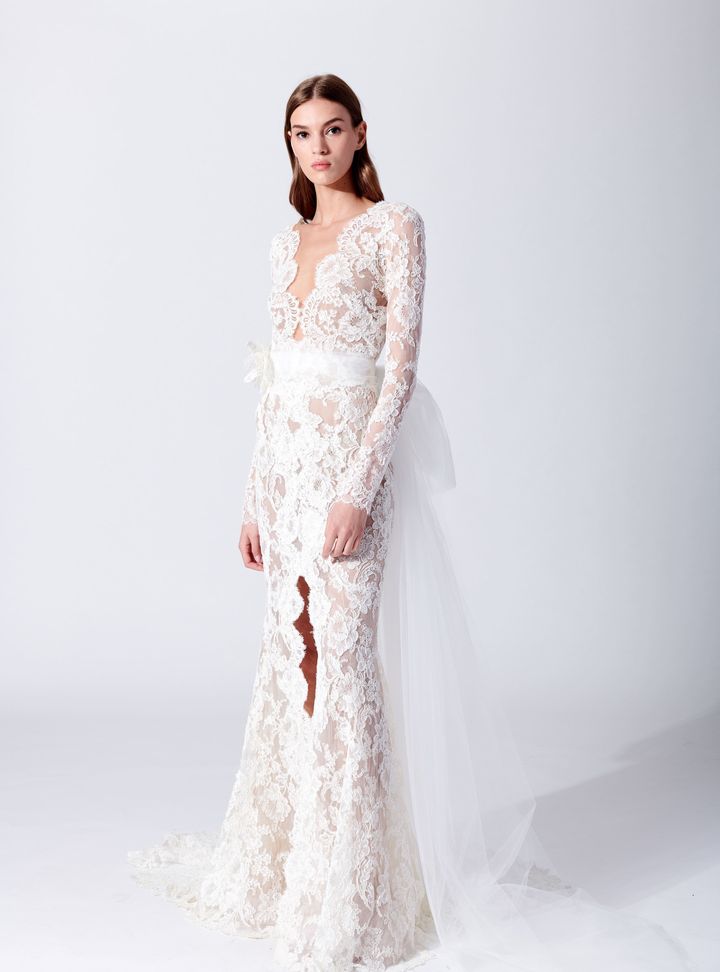 Oscar de la Renta Tül Kemerli Dantelli Gelinlik