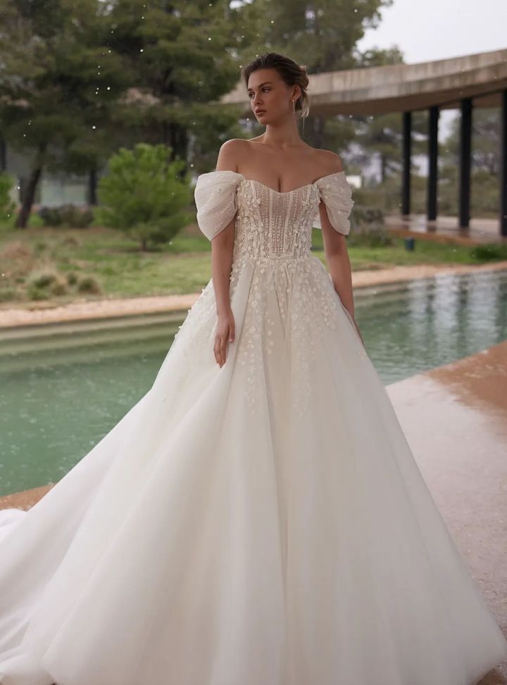 2026 Eva Lendel-14-26 Prenses Kesim Vintage Düşük Omuz Gelinlik