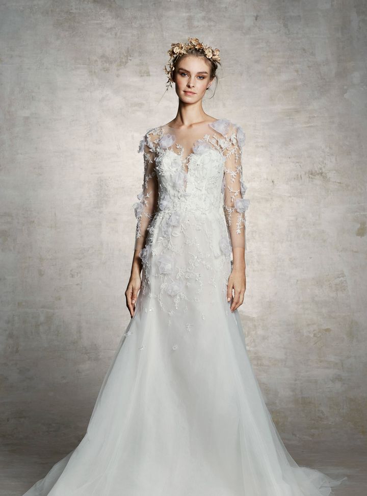 Marchesa Üç Boyutlu İşlemeli Gelinlik A Kesim V Yaka Romantik Gelinlik