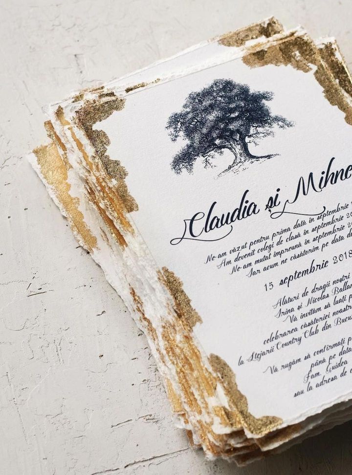 Çizim Detaylı Altın Yaldızlı Davetiye Altın Varaklı Düğün Davetiye