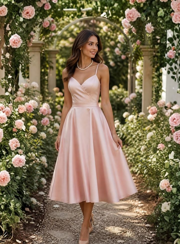 Askılı Pembe Saten Midi Söz Elbisesi