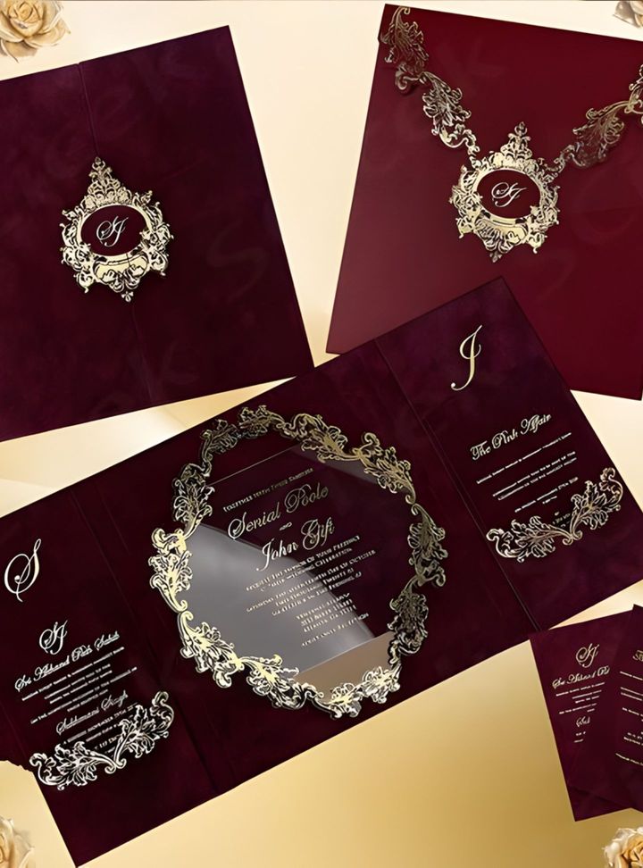 Gold Detaylı Bordo Kadife Davetiye Kadife Düğün Davetiye