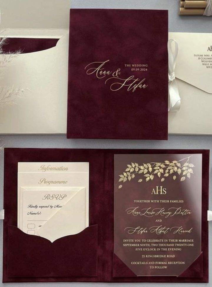 Şeffaf Bordo Kadife Zarflı Davetiye Kadife Düğün Davetiye