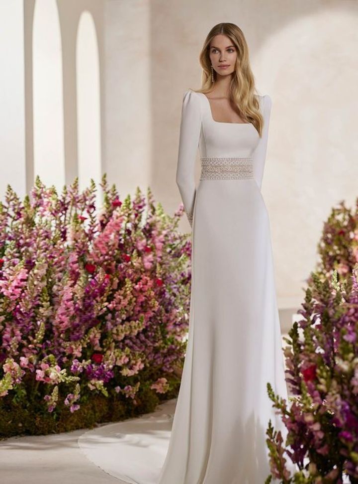 2025 Rosa Clara Kare Yaka Düz Kesim Gelinlik