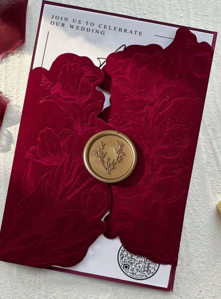 Asimetrik Kadife Zarflı Mühürlü Davetiye Kadife Düğün Davetiye