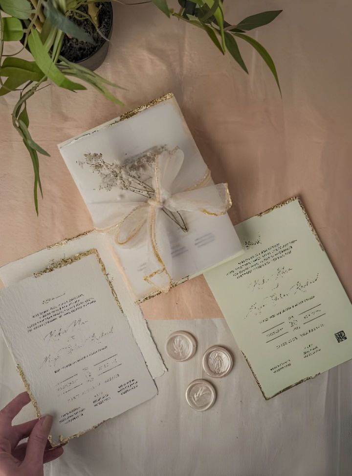 Tül Fiyonklu Gold Detaylı Davetiye Altın Varaklı Düğün Davetiye