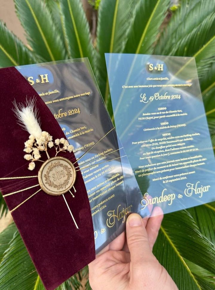 Şeffaf Gövdeli Bordo Kadife Davetiye Kadife Düğün Davetiye