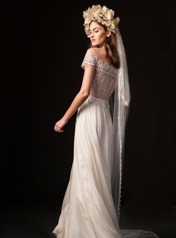 Temperley London Dantel Yakalı Düz Kesim Gelinlik