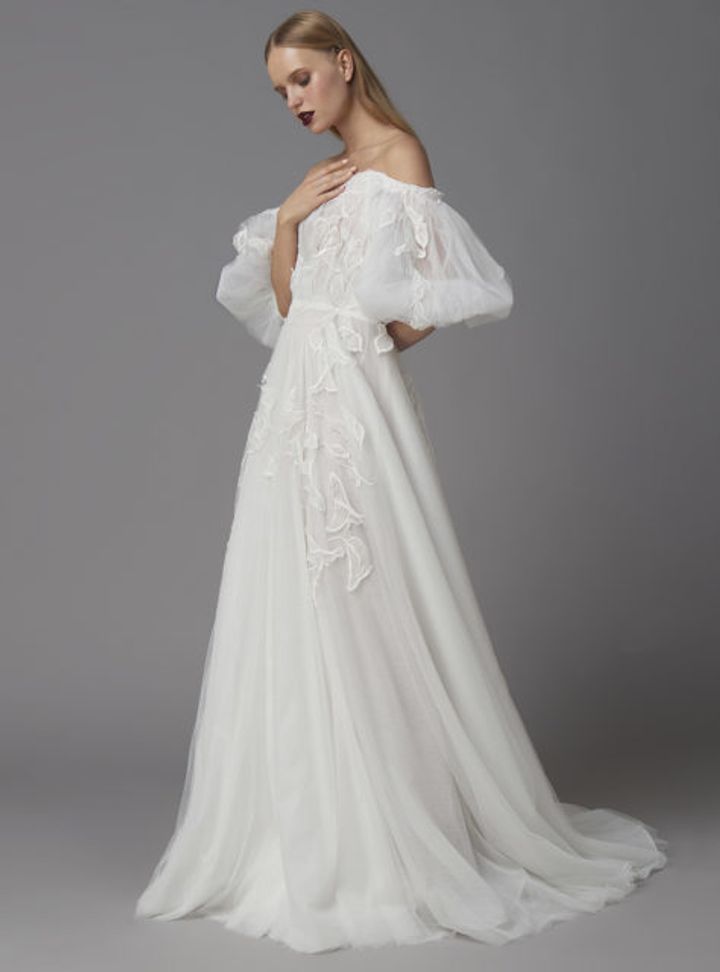 Costarellos Balon Kollu Gelinlik A Kesim Düşük Omuz Romantik Gelinlik